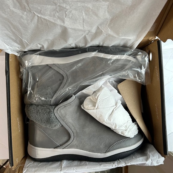 Vionic Shoes - Vionic Grey Suede Faux Fur Ankle Boots Size 9 Orthopedic Zip Booties NIB
